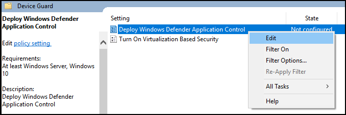 Windows Defender アプリケーションコントロールのグループ ポリシーを編集します。