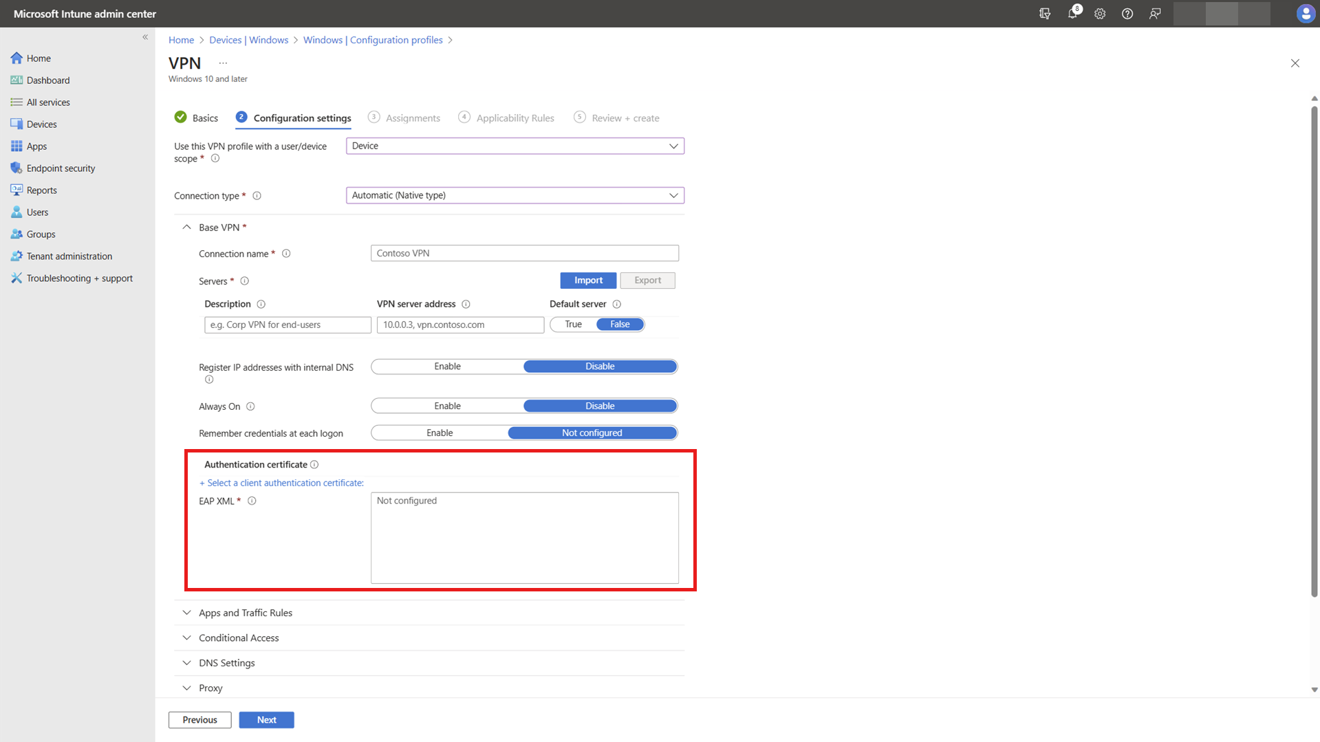 Intune プロファイルでの EAP XML 構成を示すスクリーンショット。