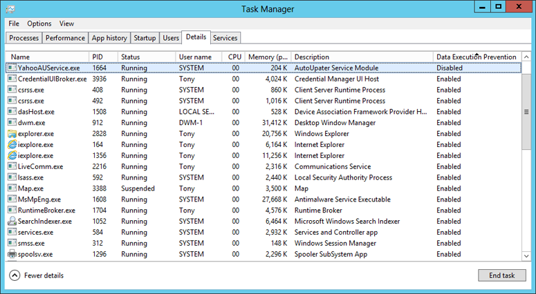 Windows 10で DEP が有効になっているプロセス。