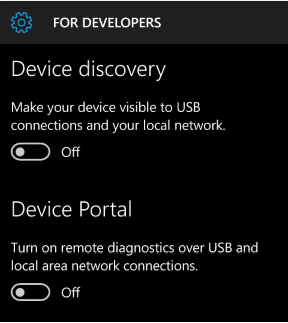 デバイスの検出と Device Portal の設定のスクリーンショット。