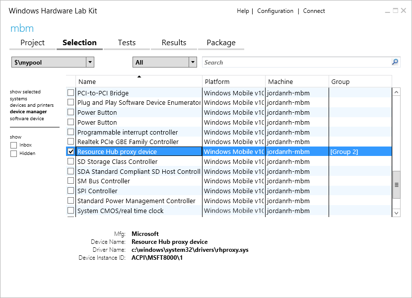 [リソース ハブ プロキシ デバイス] オプションが選択されている [選択] タブが表示されている Windows Hardware Lab Kit のスクリーンショット。