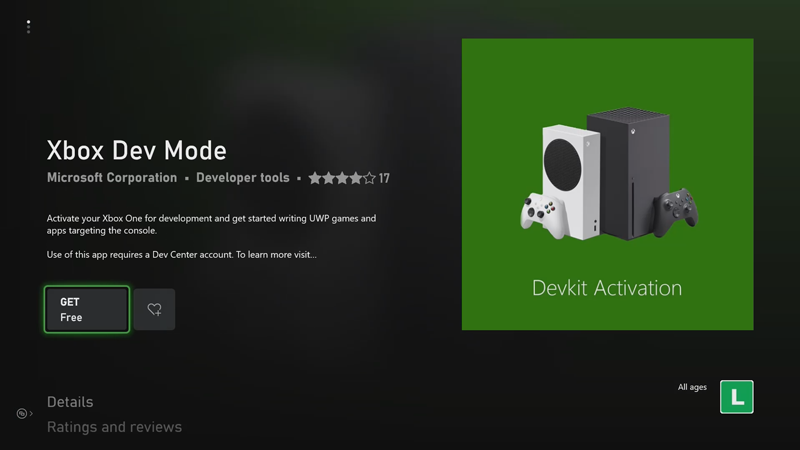 Xbox Dev Mode アプリ