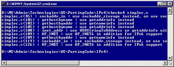 checkv4.exeは、simplec.c ファイル内の ipv6 非互換性を報告します