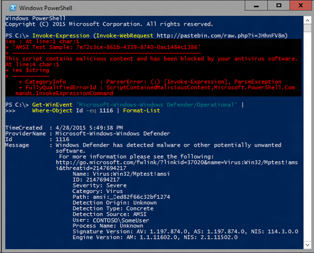 Windows Defender detecting the AMSI test sample