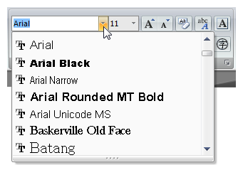 プレビューされたフォントのドロップダウン リストのスクリーンショット