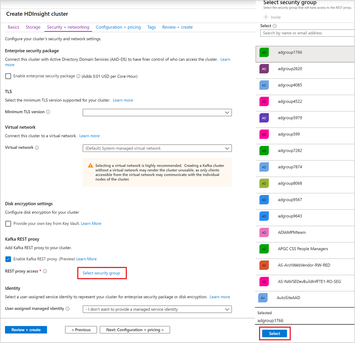 Screenshot shows the Create HDInsight cluster page with the option to select a security group.