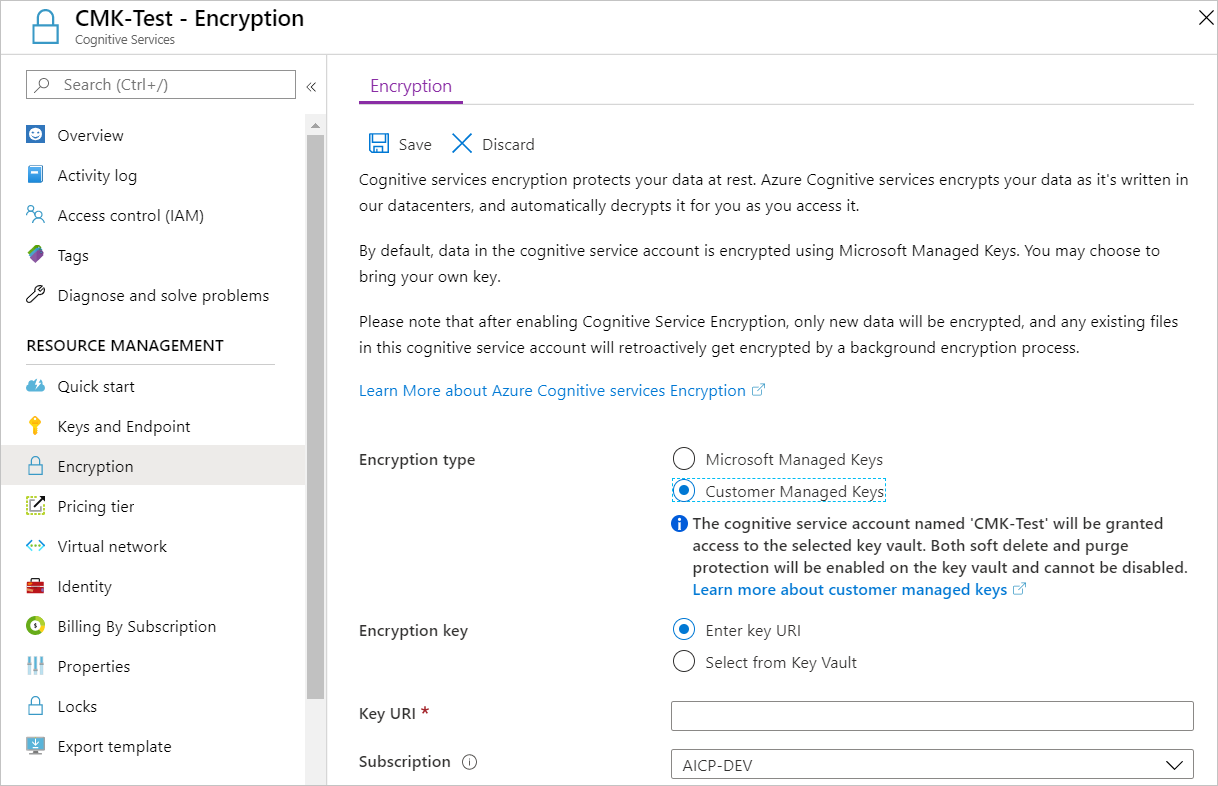 Azure AI 서비스 리소스에 대한 암호화 설정 페이지의 스크린샷. 암호화 형식에서 고객 관리형 키 옵션이 선택됩니다.