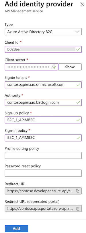 포털의 Active Directory B2C ID 공급자 구성 스크린샷.