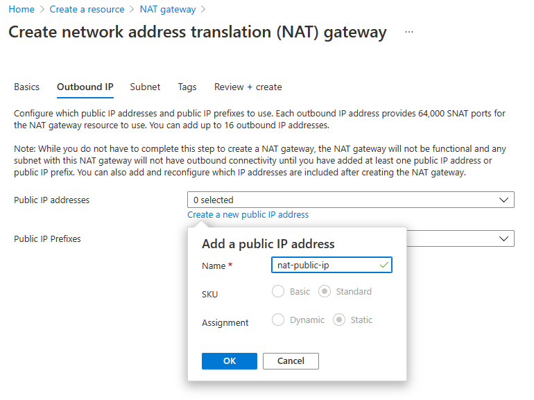 NAT 게이트웨이 만들기의 아웃바운드 IP 탭 스크린샷