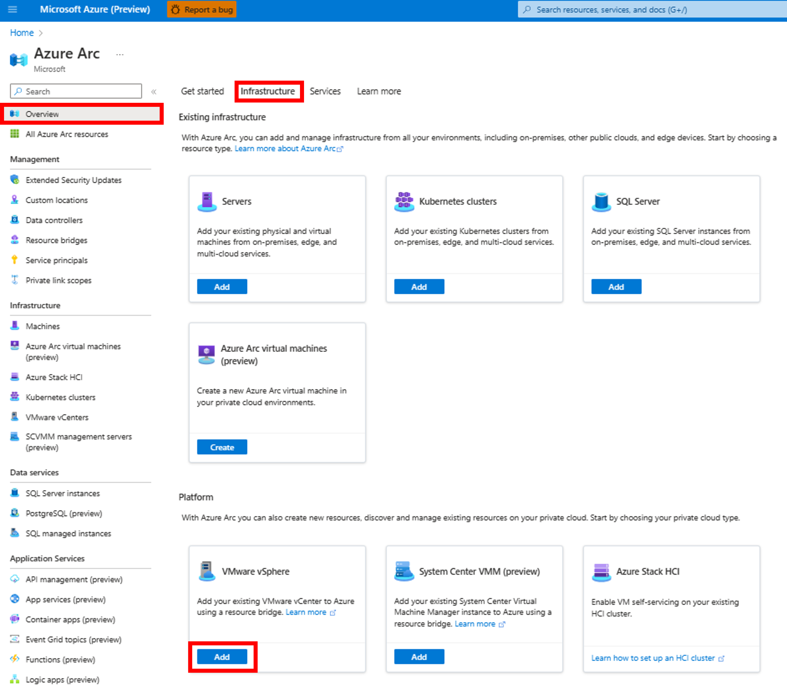 Azure Arc를 통해 VMware vCenter를 추가하는 방법을 보여 주는 스크린샷.