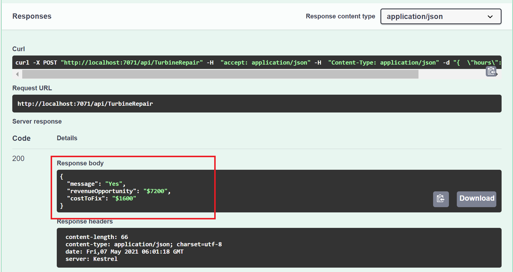 TurbineRepair 함수의 응답 JSON 데이터입니다.