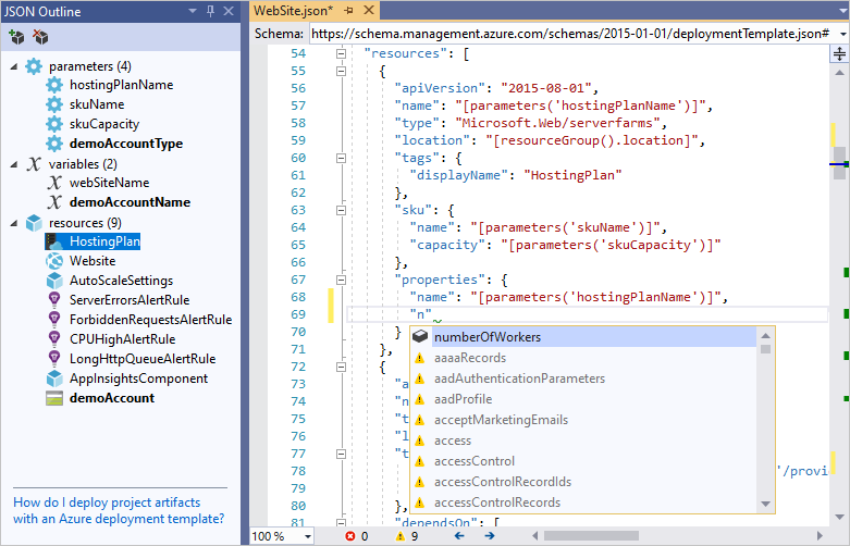 Visual Studio 편집기에 Resource Manager 템플릿에 대한 intellisense 제안을 보여주는 스크린샷