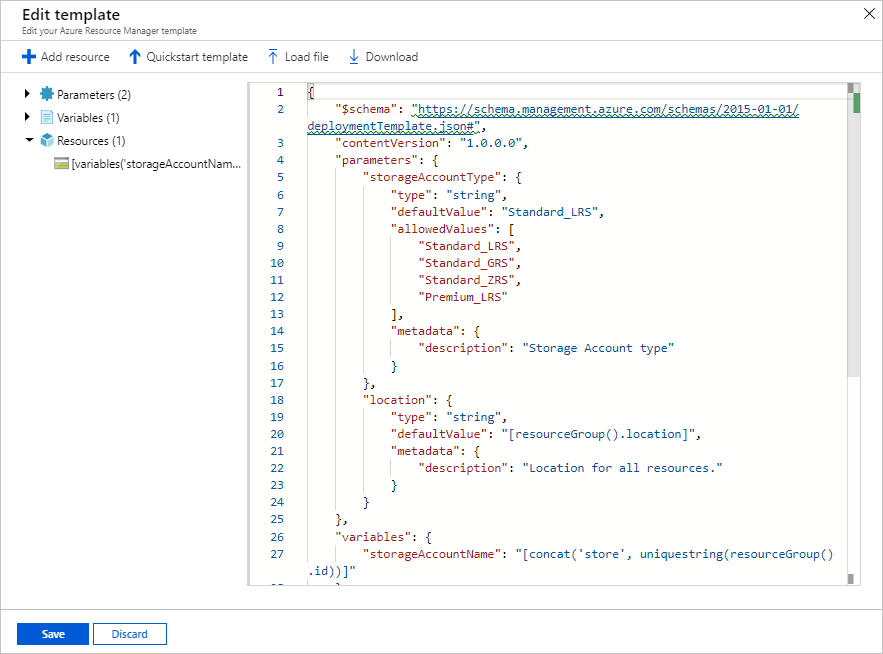 Azure Portal에서 JSON 템플릿 편집의 스크린샷