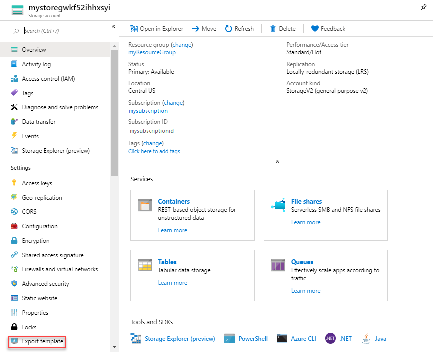 Azure Portal에서 단일 리소스 내보내기의 스크린샷