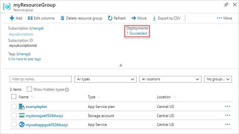 Azure Portal에서 배포 기록 선택의 스크린샷