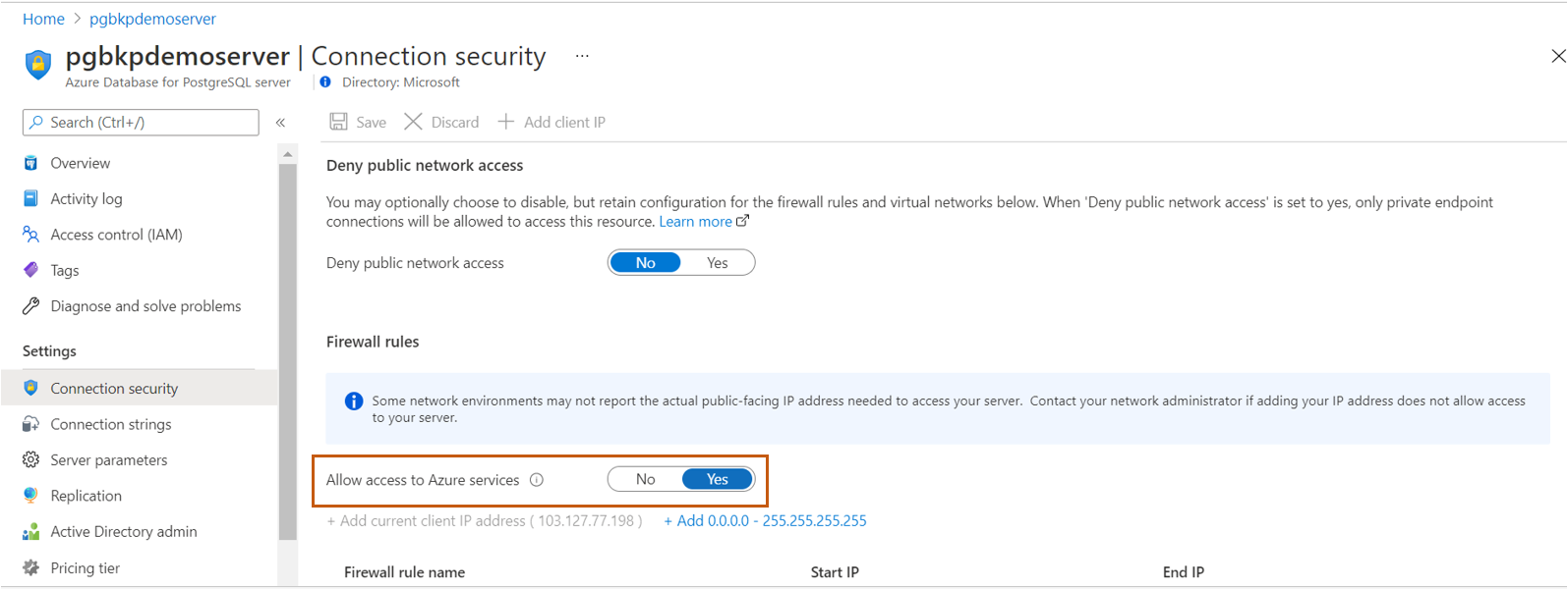 Azure PostgreSQL 서버에 대한 네트워크 가시선 액세스 권한을 설정하는 옵션을 보여 주는 스크린샷