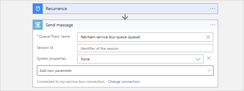 사용량 워크플로의 Service Bus 작업에서 예제 작업 정보를 보여 주는 스크린샷