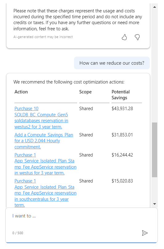 비용을 줄이기 위한 권장 사항 목록을 제공하는 Azure의 Microsoft Copilot을 보여 주는 스크린샷.