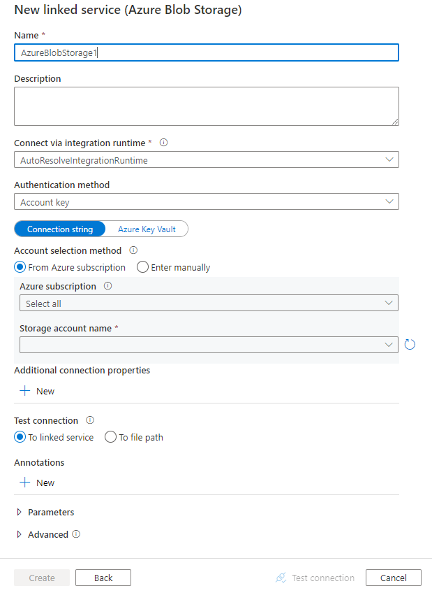 Azure Blob Storage 연결된 서비스의 구성 스크린샷.