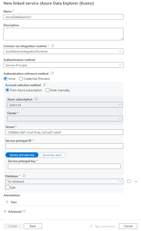 Azure Data Explorer의 연결된 서비스 구성 스크린샷