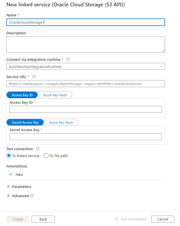 Oracle Cloud Storage의 연결된 서비스 구성 스크린샷.