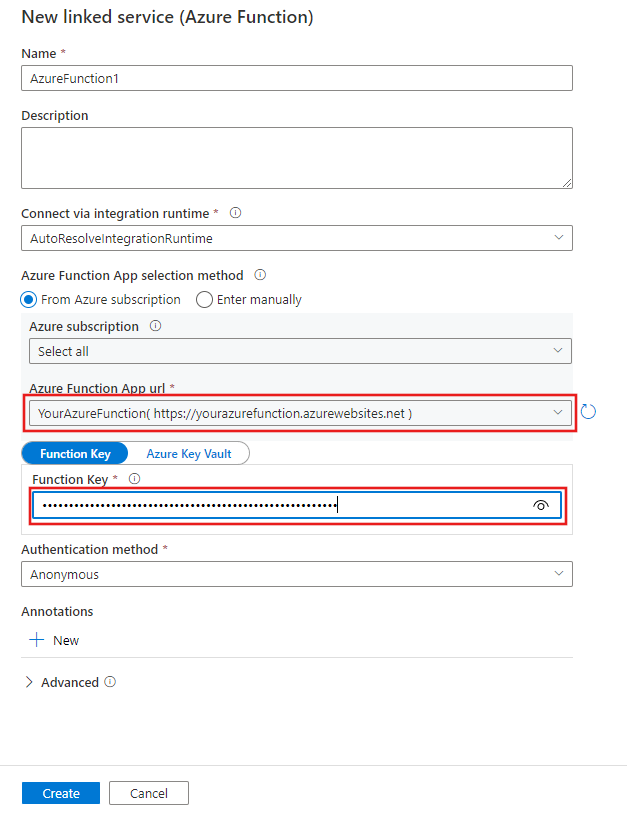 새 Azure Function 연결된 서비스 만들기 창을 표시합니다.