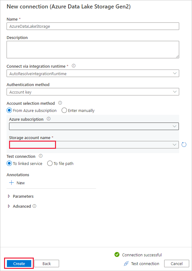 Azure Data Lake Storage Gen2 연결의 구성을 보여 주는 스크린샷