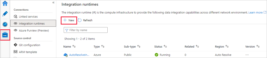 새 Azure Integration Runtime 만들기를 보여주는 스크린샷