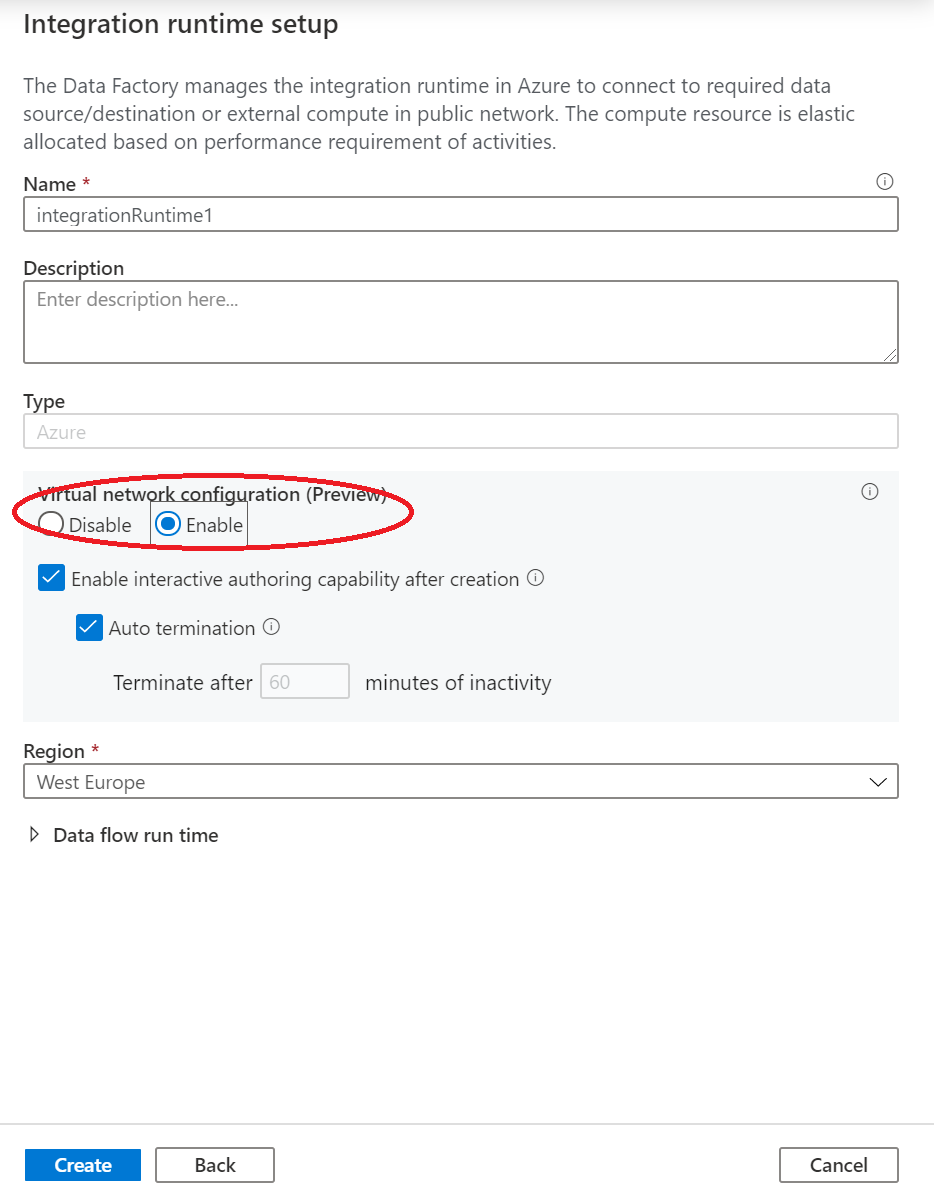 새 Azure Integration Runtime을 사용하도록 설정하는 내용을 보여주는 스크린샷