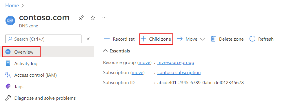 자식 영역 추가 단추를 보여 주는 Azure DNS 영역의 스크린샷