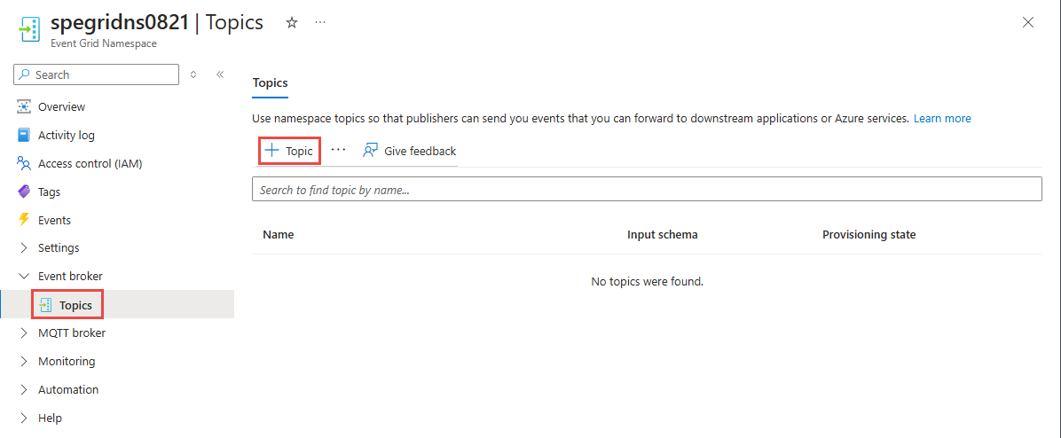 Event Grid 네임스페이스 토픽 만들기를 보여 주는 스크린샷.