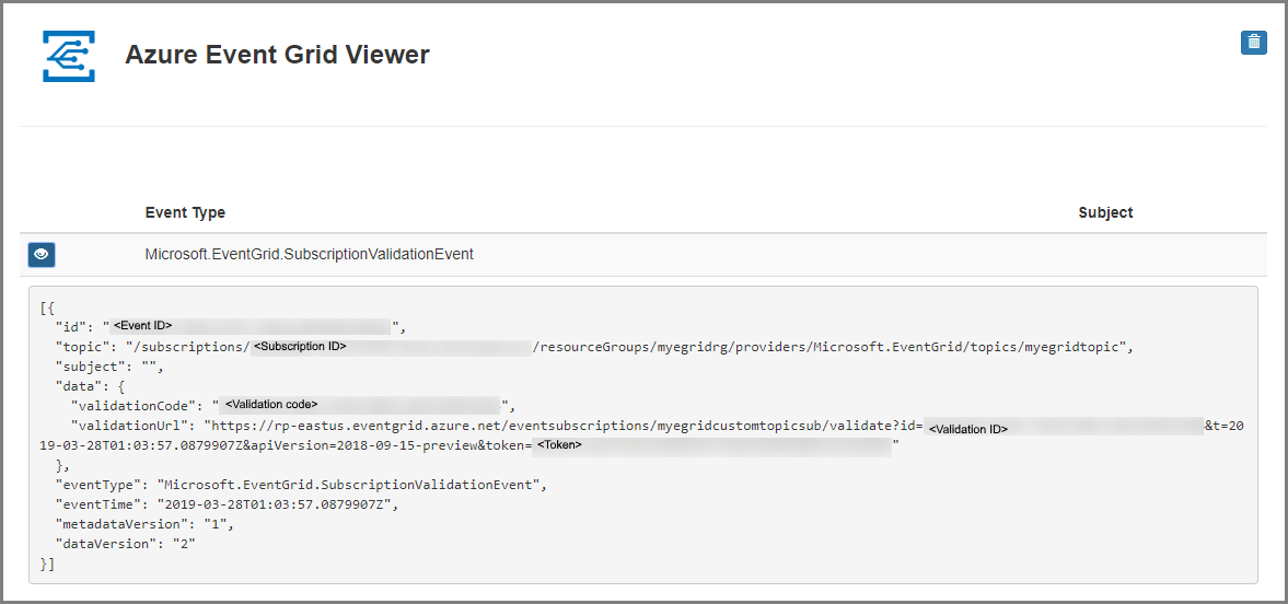 유효성이 검사된 구독 이벤트가 있는 Event Grid 뷰어 앱의 스크린샷.