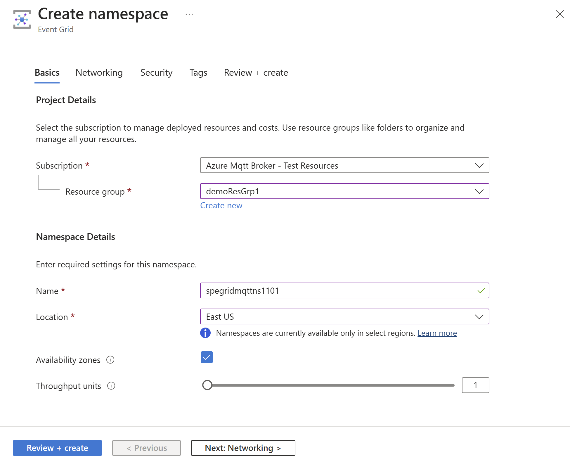 Screenshot showing Event Grid namespace create flow basics tab.