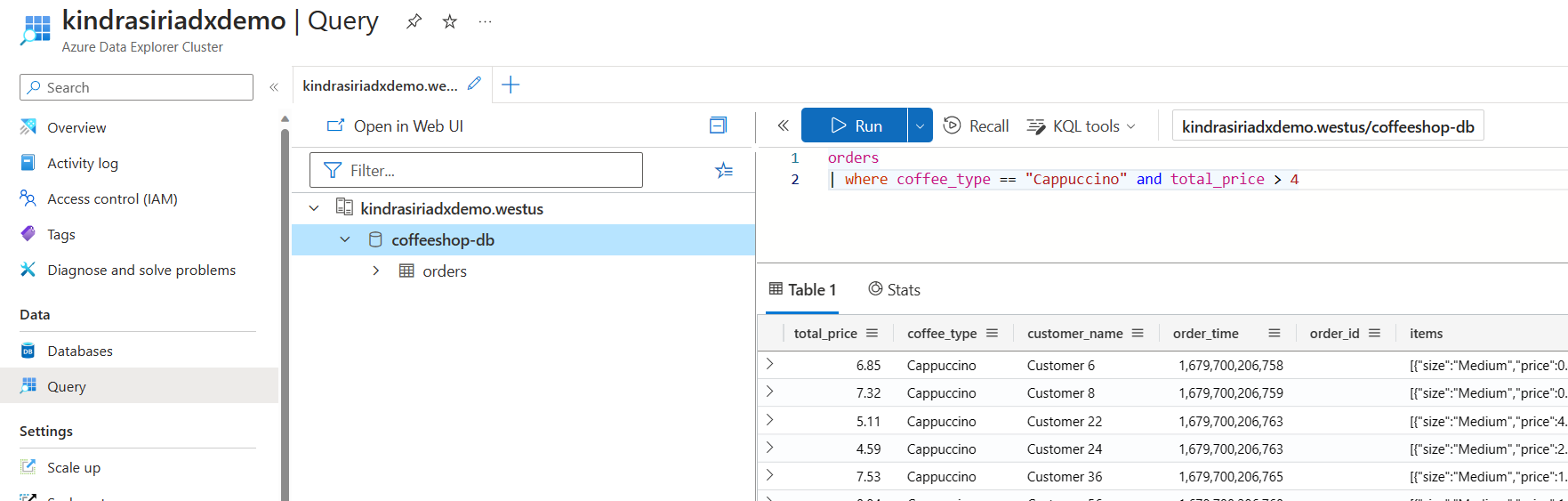 Azure Data Explorer 쿼리 및 출력을 보여 주는 다이어그램