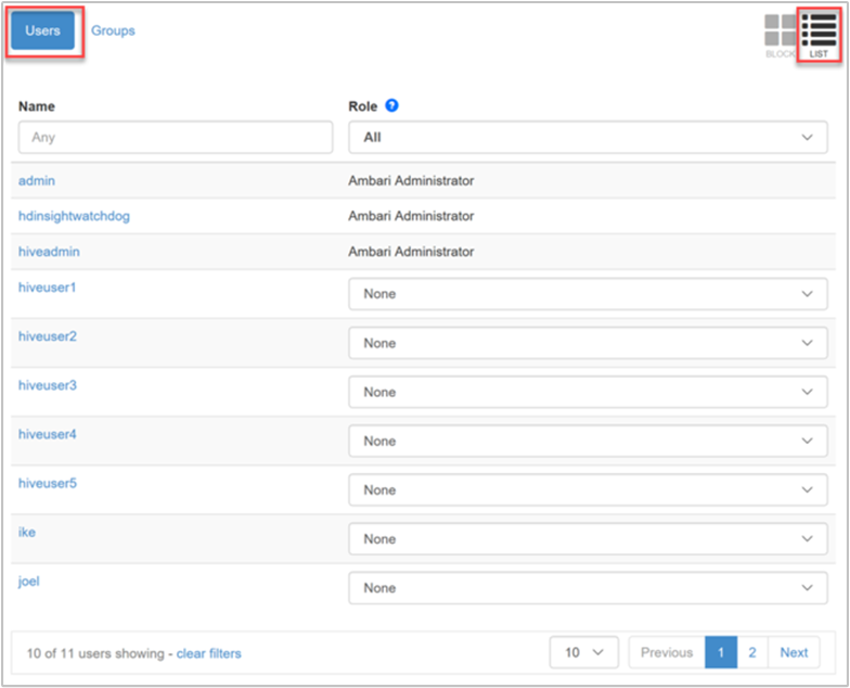 Apache Ambari roles list view - users.