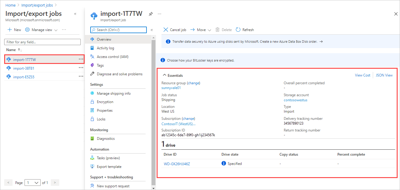 Azure Portal의 Azure Import Export 작업에 대한 개요 스크린샷. 선택한 작업 및 작업 세부 정보가 강조 표시됩니다.