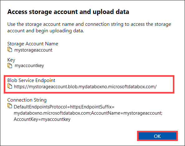 스크린샷은 Blob Service 엔드포인트를 복사할 수 있는 스토리지 계정 액세스 및 데이터 업로드 대화 상자를 보여줍니다.