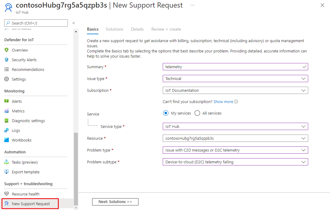 Azure Portal 지원 요청에서 문제 선택을 보여 주는 스크린샷