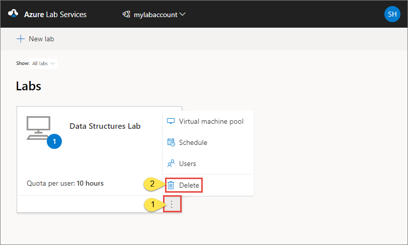 삭제 단추가 강조 표시된, Azure Lab Services 웹 사이트의 랩 목록을 보여 주는 스크린샷.