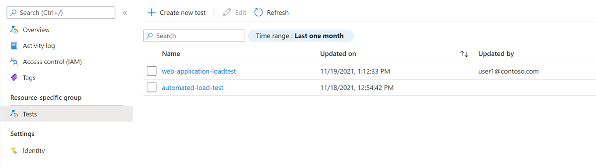 Azure Load Testing 리소스에 대한 테스트 목록을 보여 주는 스크린샷.