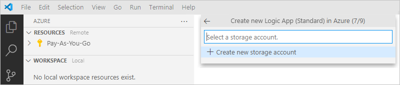 “Logic Apps(표준)” 창과 스토리지 계정을 만들거나 선택하라는 프롬프트를 보여 주는 스크린샷