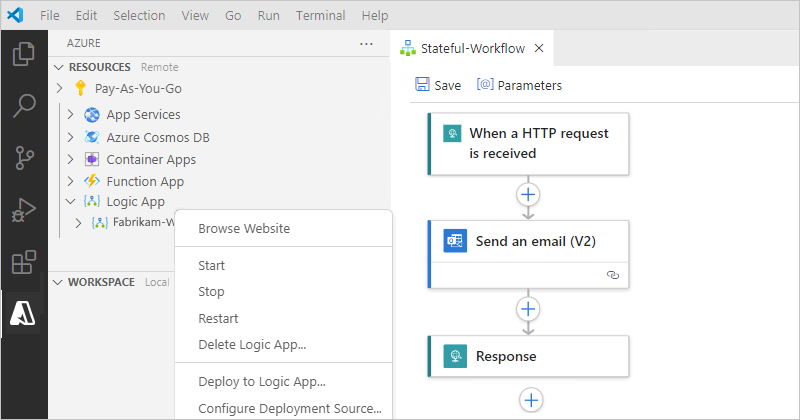 리소스 섹션 및 배포된 논리 앱 리소스가 있는 Visual Studio Code를 보여 주는 스크린샷