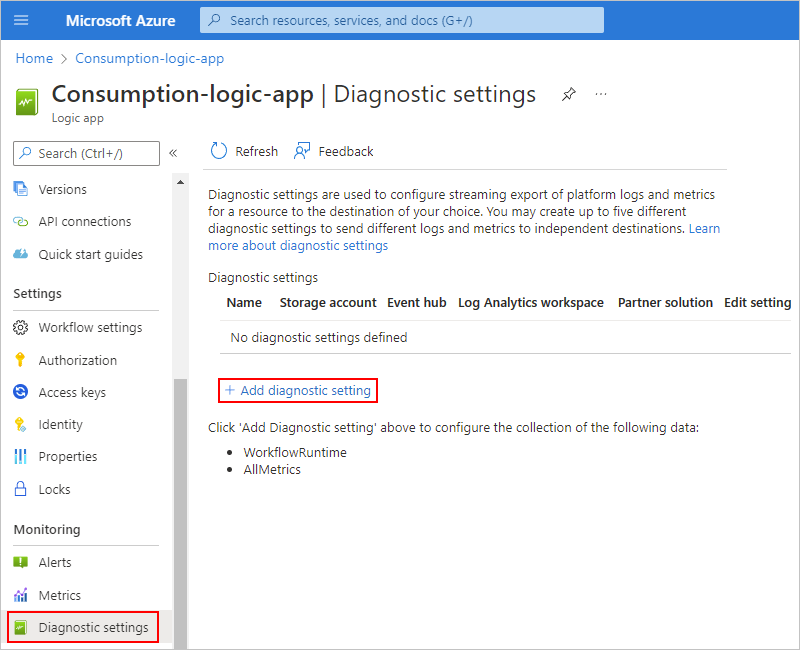 Azure Portal, '진단 설정'이 선택되고 '진단 설정 추가'가 선택된 사용량 논리 앱 리소스 메뉴를 보여 주는 스크린샷