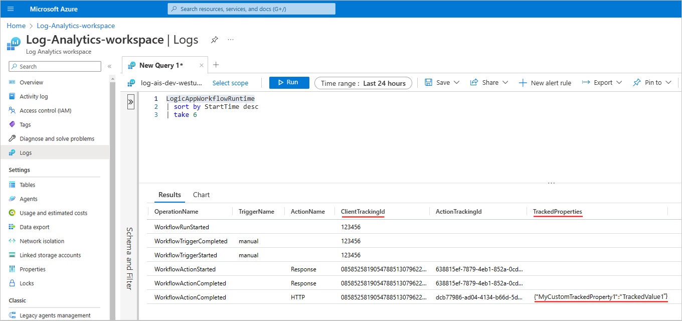 Azure Portal, Log Analytics 작업 영역, 사용자 지정 추적 속성이 있는 표준 워크플로 실행에 대해 캡처된 원격 분석을 보여 주는 스크린샷