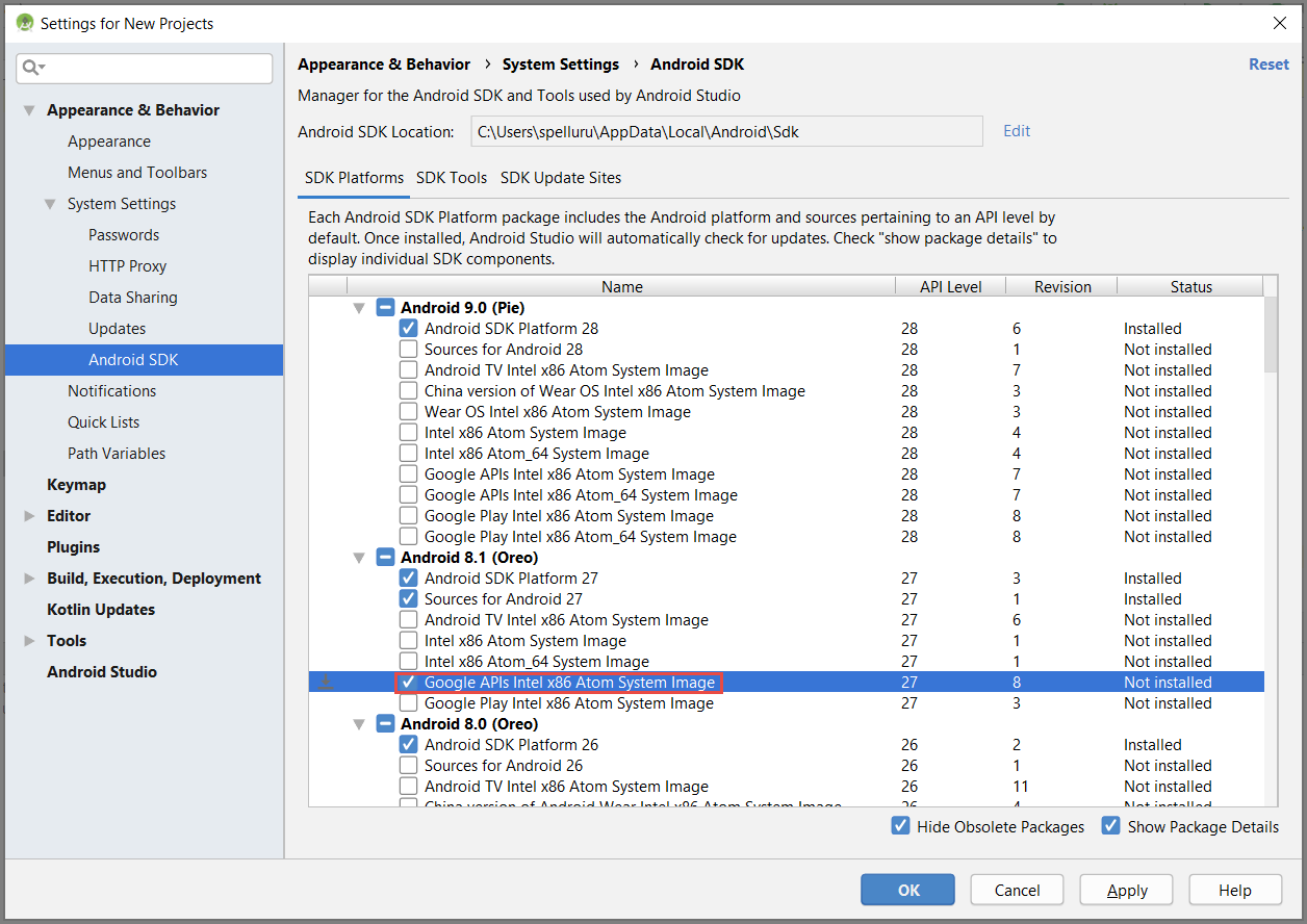 Android SDK Manager - Google API 선택