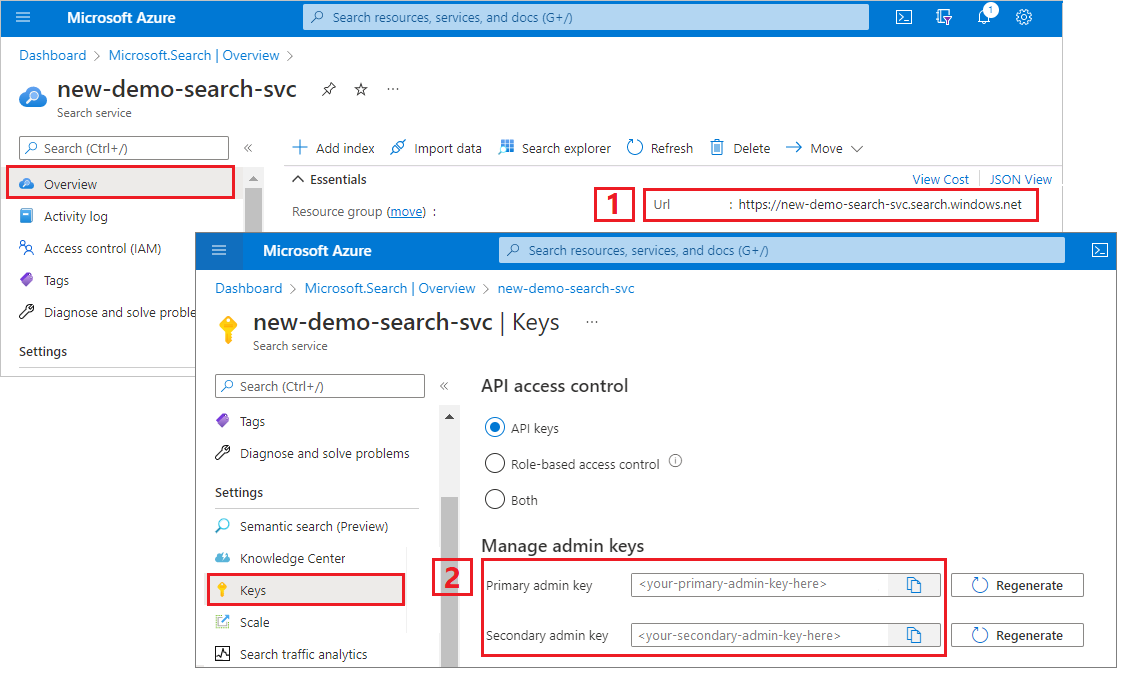 검색 서비스의 HTTP 엔드포인트 및 액세스 키 위치를 보여 주는 Azure Portal 페이지의 스크린샷.