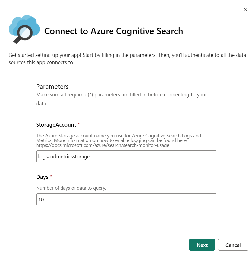 Azure Cognitive Search에 연결 페이지에서 스토리지 계정 이름 및 쿼리할 일 수를 입력하는 방법을 보여주는 스크린샷.