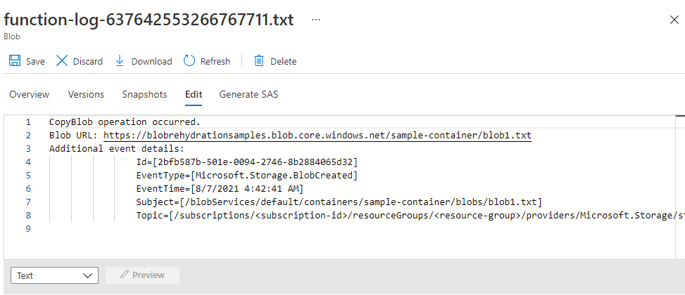Azure Portal에서 로그 Blob의 콘텐츠를 보여 주는 스크린샷