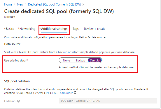 Azure Portal 스크린샷. 기존 데이터 사용을 선택합니다.