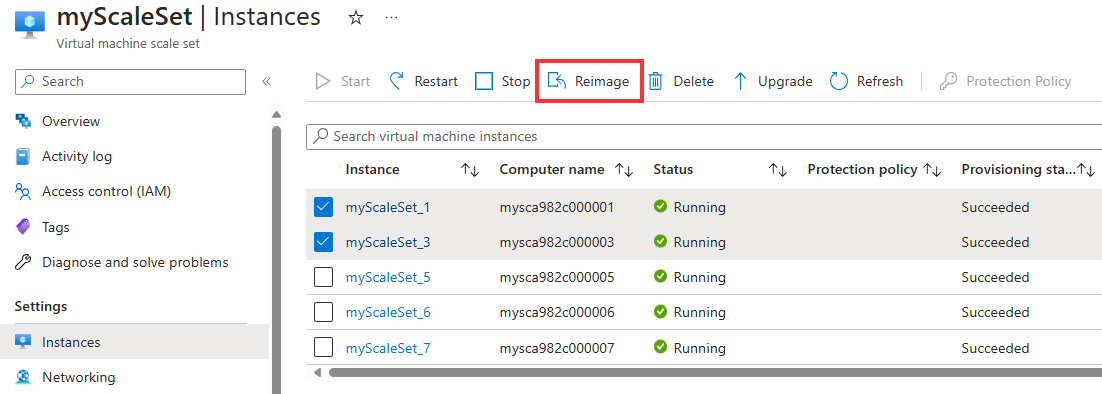 Azure Portal을 사용하여 확장 집합 인스턴스를 이미지로 다시 설치하는 방법을 보여주는 스크린샷